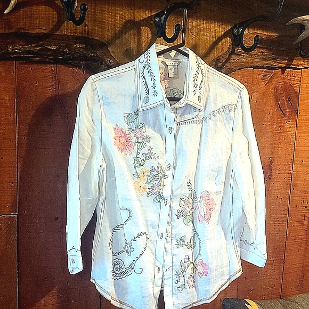 Tweeds White Shirt with Pink, Sage Green, Purple and Yellow Embroidery
